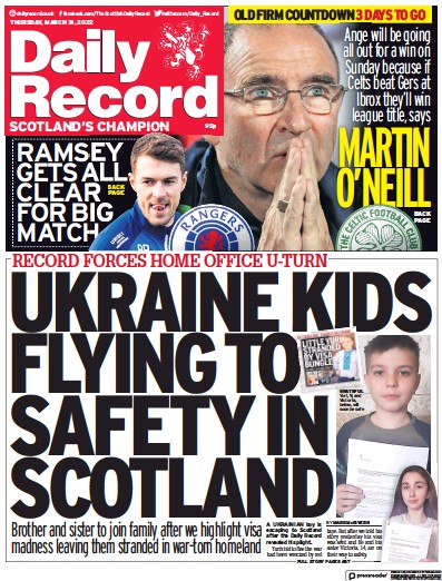 Daily Record Newspaper Front Page (UK) for 31 March 2022