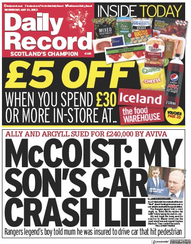 Daily Record Newspaper Front Page (UK) for 31 May 2023