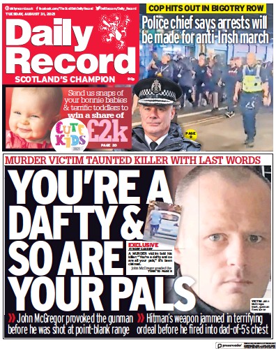 Daily Record Newspaper Front Page (UK) for 31 August 2021