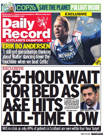 Daily Record Newspaper Front Page (UK) for 3 November 2021