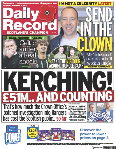 Daily Record Newspaper Front Page (UK) for 3 November 2022