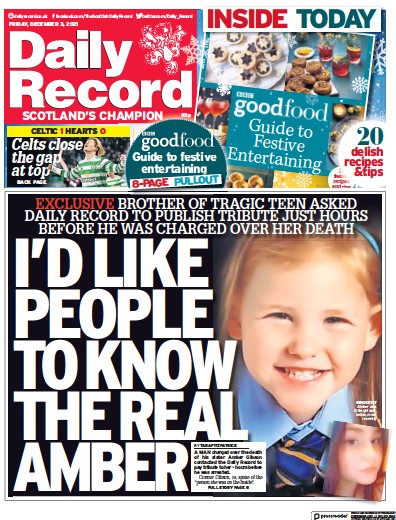 Daily Record Newspaper Front Page (UK) for 3 December 2021