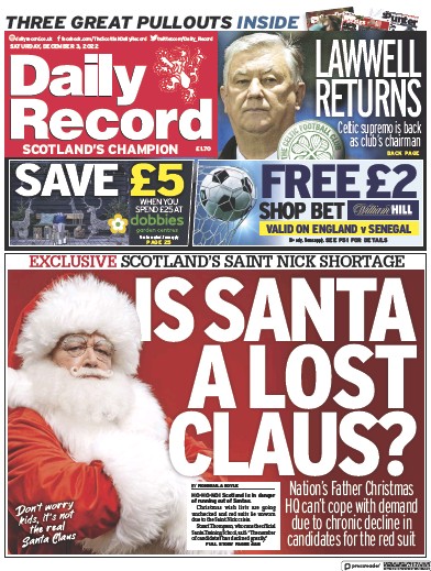 Daily Record Newspaper Front Page (UK) for 3 December 2022