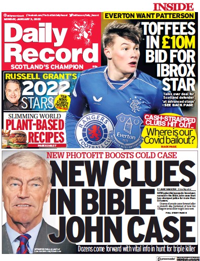 Daily Record Newspaper Front Page (UK) for 3 January 2022
