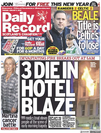 Daily Record Newspaper Front Page (UK) for 3 January 2023