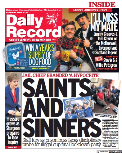 Daily Record Newspaper Front Page (UK) for 3 March 2021