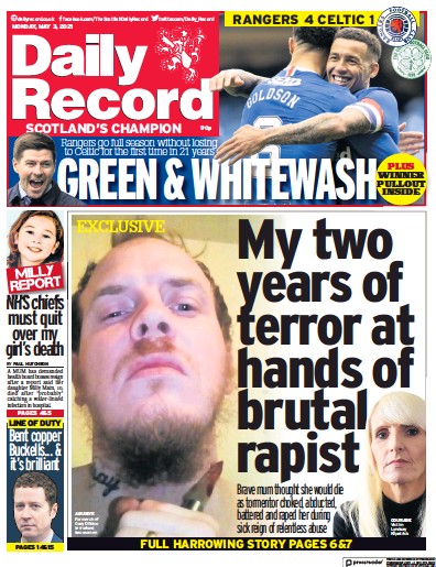 Daily Record Newspaper Front Page (UK) for 3 May 2021