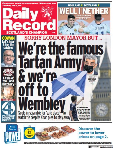 Daily Record Newspaper Front Page (UK) for 3 June 2021