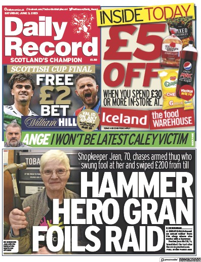 Daily Record Newspaper Front Page (UK) for 3 June 2023