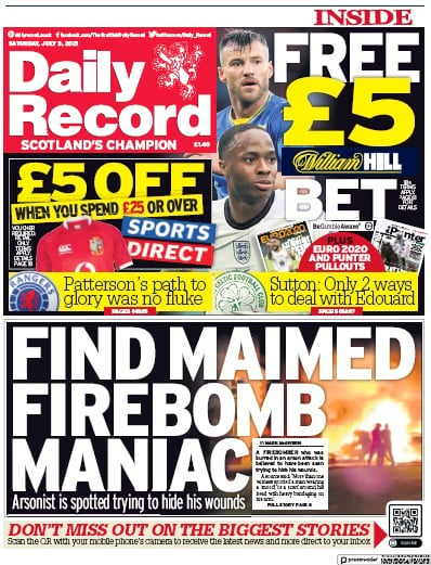 Daily Record Newspaper Front Page (UK) for 3 July 2021