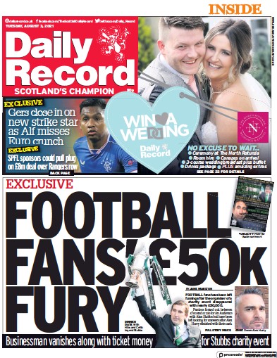 Daily Record Newspaper Front Page (UK) for 3 August 2021
