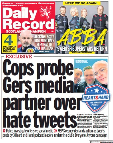 Daily Record Newspaper Front Page (UK) for 3 September 2021