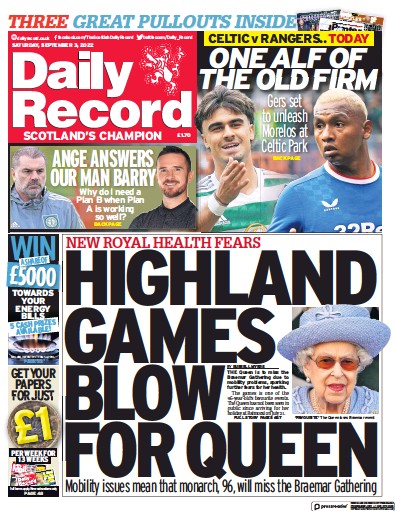 Daily Record Newspaper Front Page (UK) for 3 September 2022
