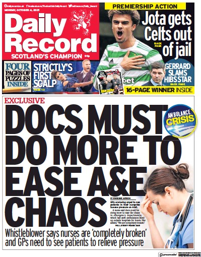 Daily Record Newspaper Front Page (UK) for 4 October 2021