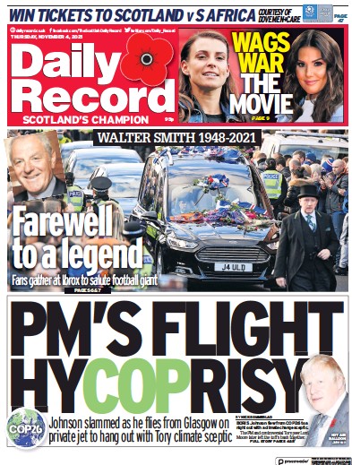 Daily Record Newspaper Front Page (UK) for 4 November 2021