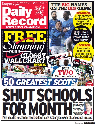 Daily Record Newspaper Front Page (UK) for 4 January 2021