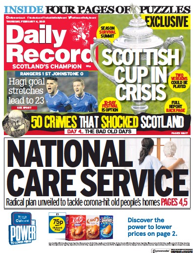 Daily Record Newspaper Front Page (UK) for 4 February 2021