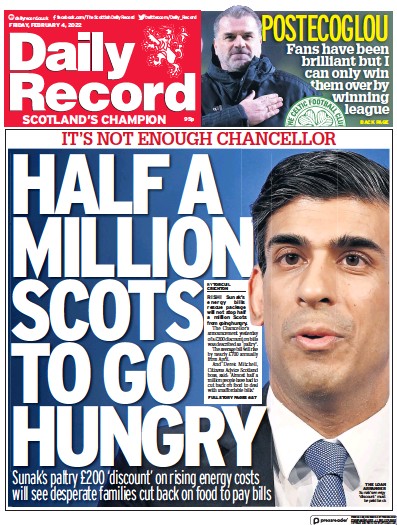 Daily Record Newspaper Front Page (UK) for 4 February 2022