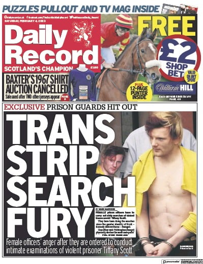 Daily Record Newspaper Front Page (UK) for 4 February 2023