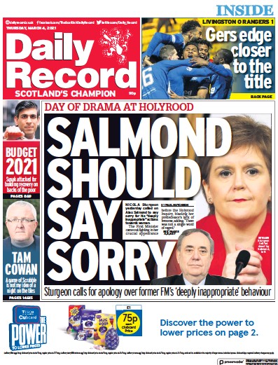 Daily Record Newspaper Front Page (UK) for 4 March 2021