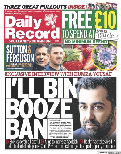 Daily Record Newspaper Front Page (UK) for 4 March 2023