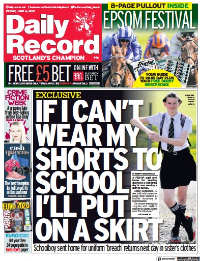 Daily Record Newspaper Front Page (UK) for 4 June 2021