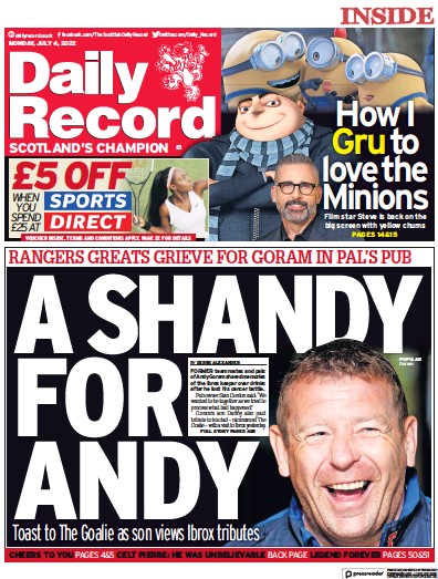 Daily Record Newspaper Front Page (UK) for 4 July 2022