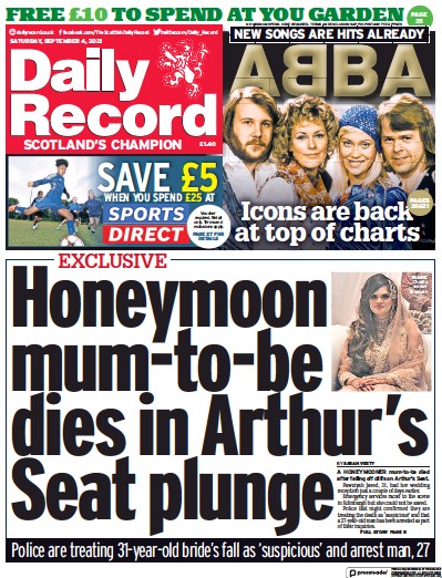 Daily Record Newspaper Front Page (UK) for 4 September 2021