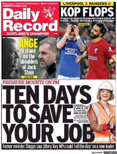 Daily Record Newspaper Front Page (UK) for 5 October 2022