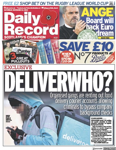 Daily Record Newspaper Front Page (UK) for 5 November 2022