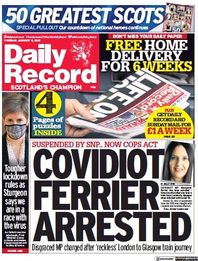 Daily Record Newspaper Front Page (UK) for 5 January 2021