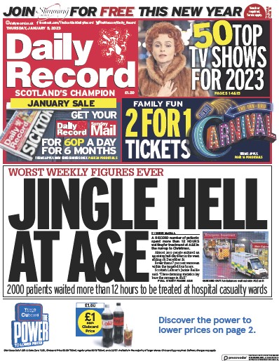 Daily Record Newspaper Front Page (UK) for 5 January 2023
