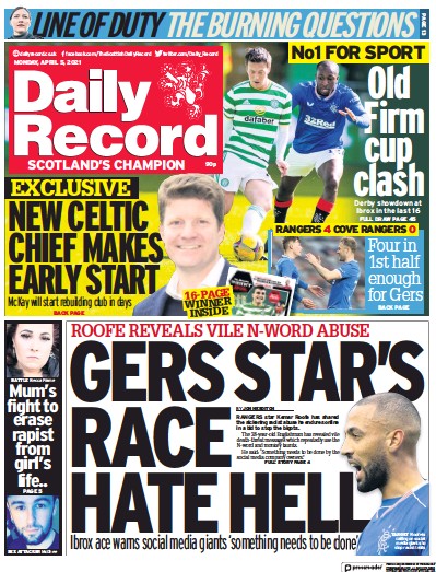 Daily Record Newspaper Front Page (UK) for 5 April 2021