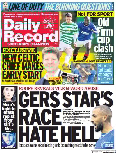 Daily Record Newspaper Front Page (UK) for 5 April 2021