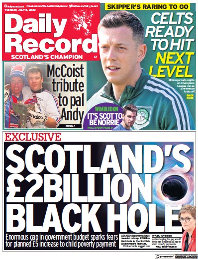 Daily Record Newspaper Front Page (UK) for 5 July 2022