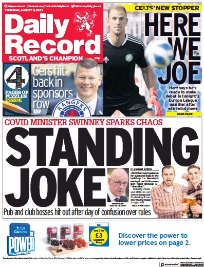 Daily Record Newspaper Front Page (UK) for 5 August 2021