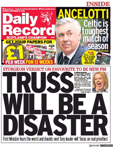 Daily Record Newspaper Front Page (UK) for 5 September 2022
