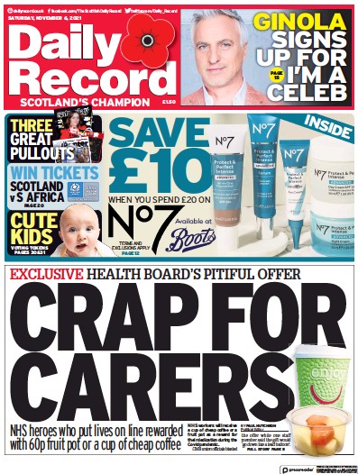 Daily Record Newspaper Front Page (UK) for 6 November 2021