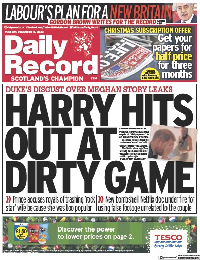 Daily Record Newspaper Front Page (UK) for 6 December 2022