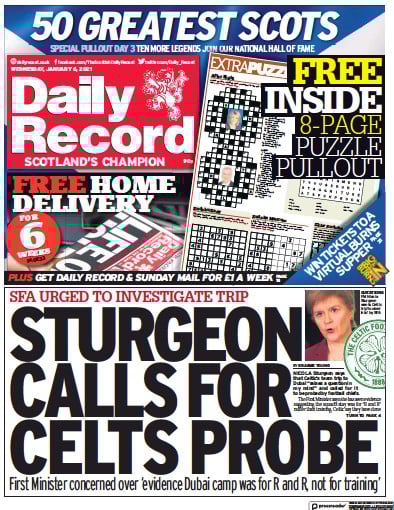 Daily Record Newspaper Front Page (UK) for 6 January 2021