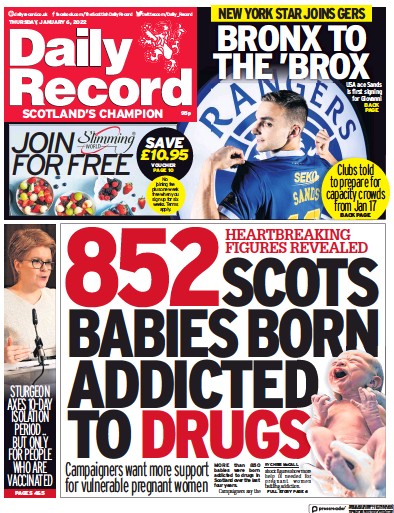 Daily Record Newspaper Front Page (UK) for 6 January 2022