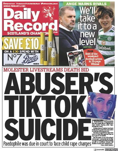 Daily Record Newspaper Front Page (UK) for 6 February 2023