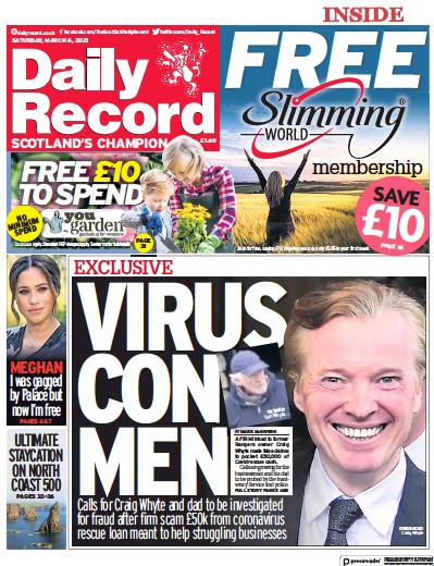 Daily Record Newspaper Front Page (UK) for 6 March 2021