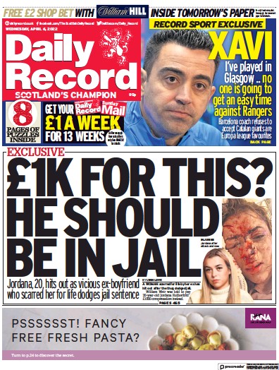 Daily Record Newspaper Front Page (UK) for 6 April 2022