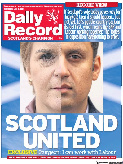 Daily Record Newspaper Front Page (UK) for 6 May 2021