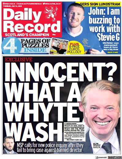 Daily Record Newspaper Front Page (UK) for 6 July 2021