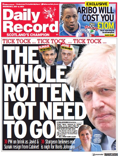 Daily Record Newspaper Front Page (UK) for 6 July 2022