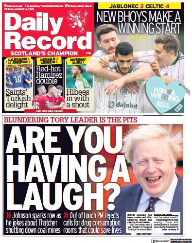 Daily Record Newspaper Front Page (UK) for 6 August 2021