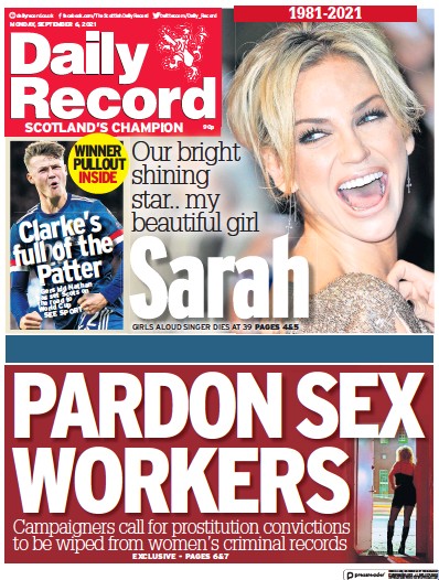 Daily Record Newspaper Front Page (UK) for 6 September 2021