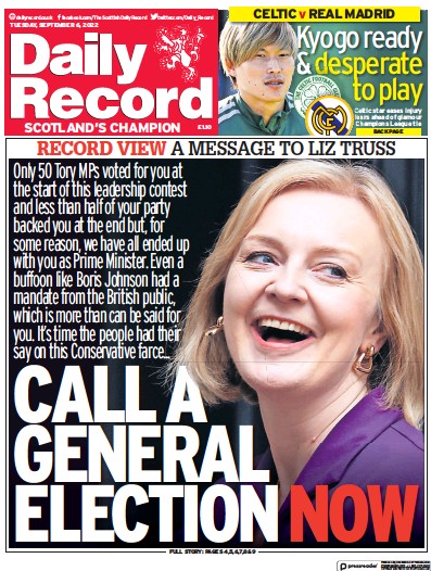 Daily Record Newspaper Front Page (UK) for 6 September 2022